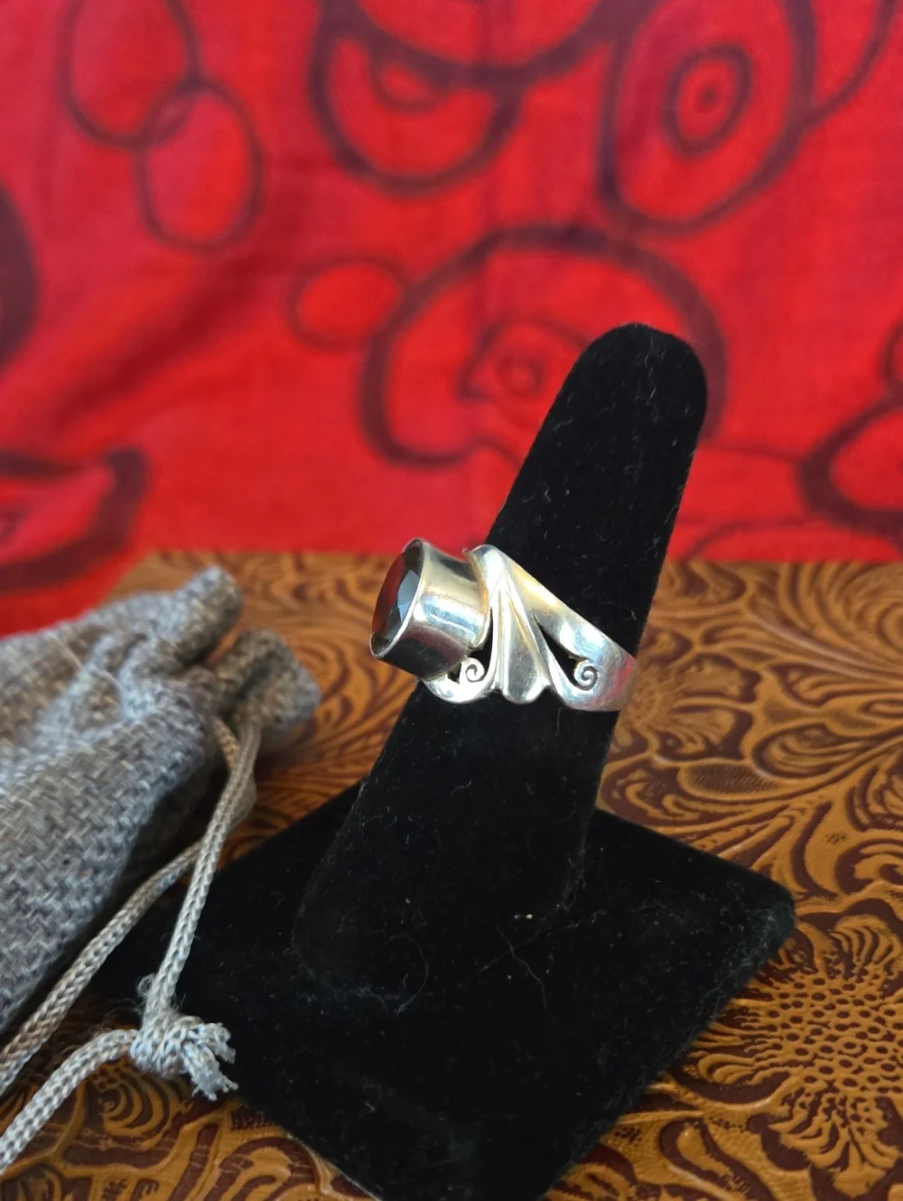 Modernist, Midcentury Sterling, Smoky Quartz, sculptural Cocktail Ring & Pouch
